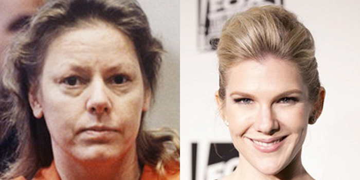 Sol tarafta Aileen Wuornos, sağ tarafta da Lily Rabe.